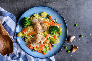 Roasted cod rolls with millet and steamed vegetable