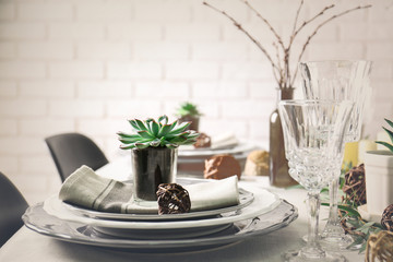 Table served with succulents for dinner in living room