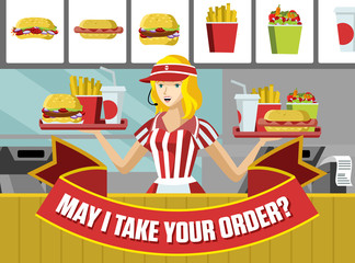 fast food restaurant waitress attending orders