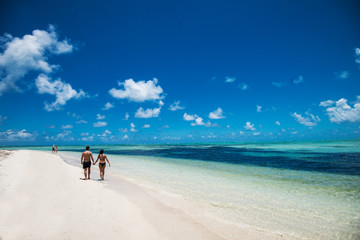 Couple holding hands and walking along the beach on tropical island.
