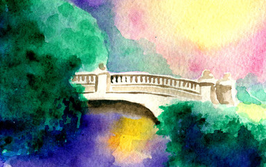 watercolor sketch of bridge and nature