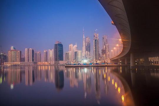 Dubai at night with skyscrapers in United Arab Emirates
