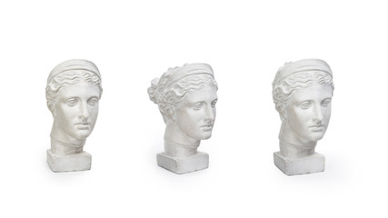 Marble head of young woman, ancient Greek goddess bust isolated on white background with copy space for text.