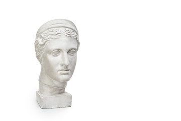Marble head of young woman, ancient Greek goddess bust isolated on white background with copy space for text.