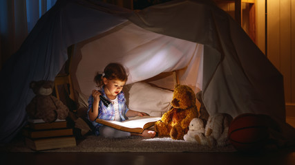 child girl with a book and a flashlight and teddy bear before go - obrazy, fototapety, plakaty