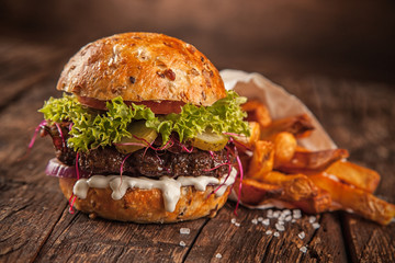 Home made hamburger with lettuce and cheese