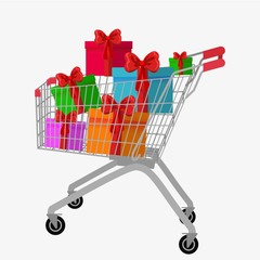 trolley cart with gift boxes Isolated over white background