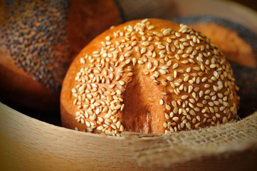 focus on buns with sesame and poppy