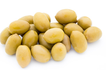 Green big olives on the white background.