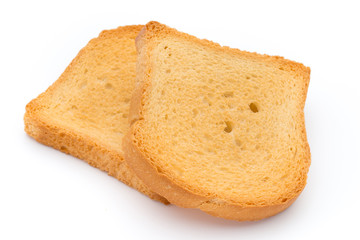 Slices of toast bread on wooden table, top view.