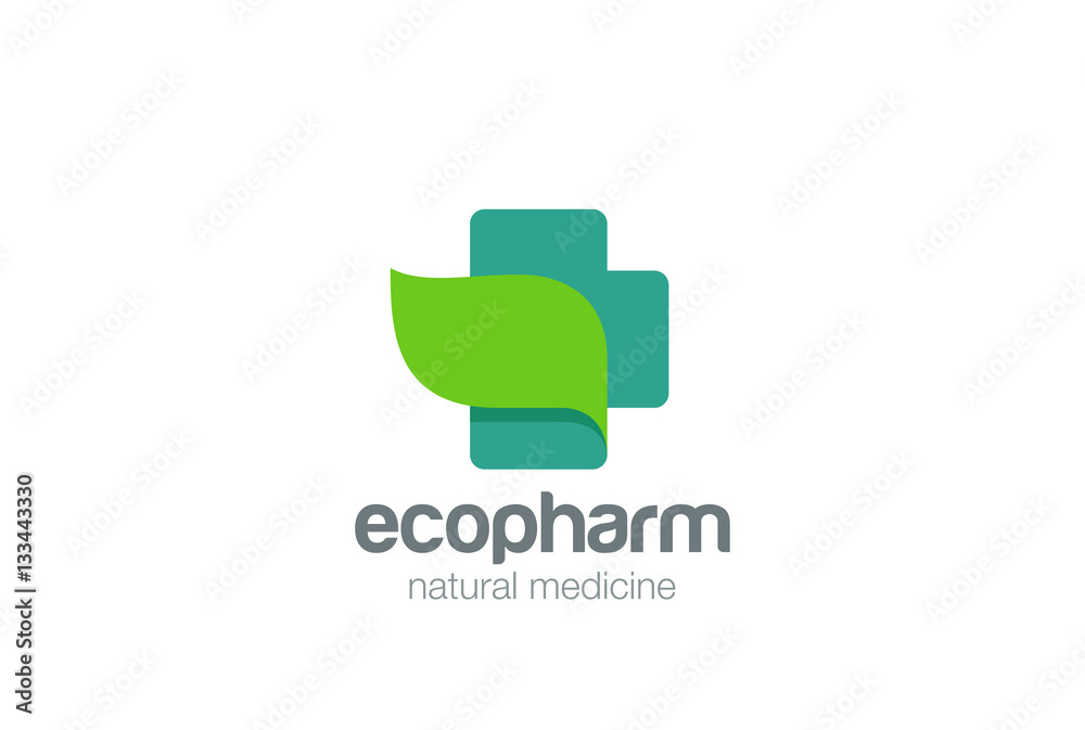 Wall mural pharmacy logo eco cross design. natural organic medicine icon