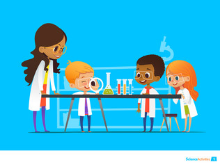 Female teacher demonstrates plant in flask, kids look through magnifier at it during botany lesson. Preschool educational activities and natural sciences education. Vector illustration for website.