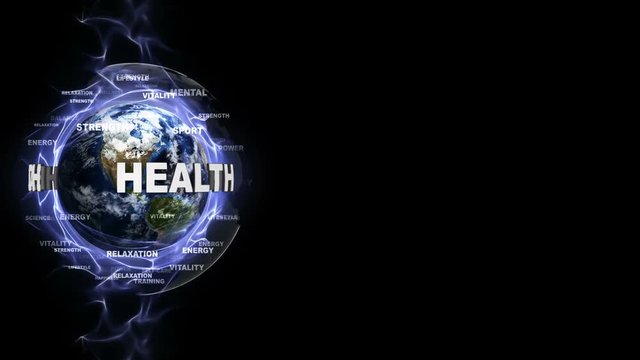 HEALTH Text Animation and Earth, with Keywords, Rendering, Background, Loop, 4k
