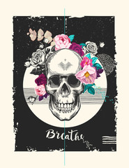 Grungy human skull with rose wreath, ribbon with word Breathe and geometric shapes of different textures on background. Modern vector illustration in pop art style for t-shirt print, flyer, poster.
