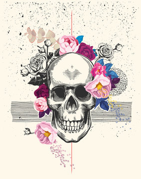 Naturalistic human skull drawn in etching style and surrounded by rose flowers with black ink spatter and lines on background. Trendy vector illustration for postcard, flyer, t-shirt print, poster.