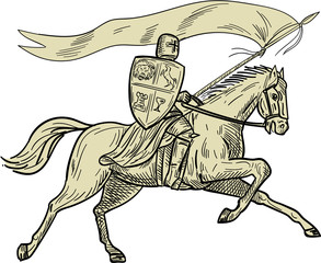 Knight Riding Horse Shield Lance Flag Drawing