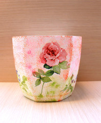 Beautiful decorative flowerpot handmade with decoupage style 