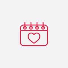 calendar date with heart valentine day line icon red on white background