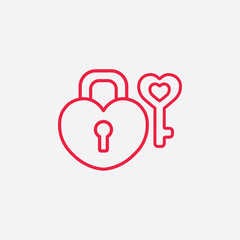 lock and key heart line icon red on white background