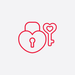 lock and key heart line icon red on white background