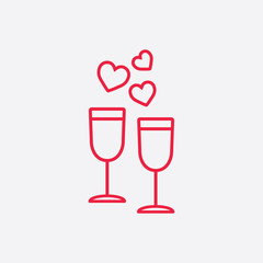 champagne glasses wine couple line icon red on white background