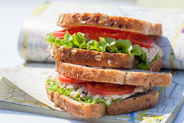 breakfast on a car hood - sandwiches and lemonade