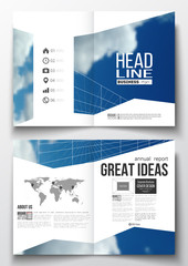 Set of business templates for brochure, magazine, flyer, booklet or annual report. Beautiful blue sky, abstract geometric background with white clouds, leaflet cover, layout, vector illustration.