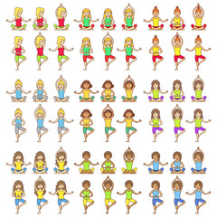 Vector set with beautiful cartoon woman exercising various different yoga poses. Girl health relax in fitness poses.