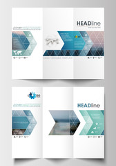 Tri-fold brochure business templates on both sides. Flat design blue color travel decoration layout, easy editable vector template, colorful blurred natural landscape.