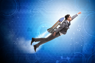 Obraz na płótnie Canvas Businessman flying with rocket in funny business concept