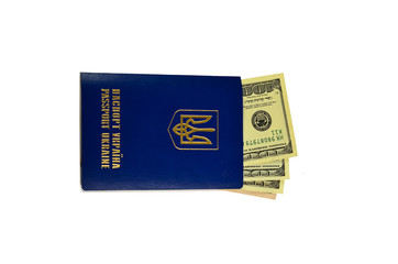 Ukrainian foreign passport with one hundred dollars isolated on