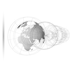 Dotted world globe with abstract construction, connecting lines on white background. Vector design, structure, shape, form, orbit, space station. Scientific research. Science, technology concept.