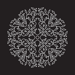 Abstract white color logo design, isolated template on black background. Circle made emblem with leaves. Spa concept monogram in linear style. Vector decoration for fashion, cosmetics, beauty industry