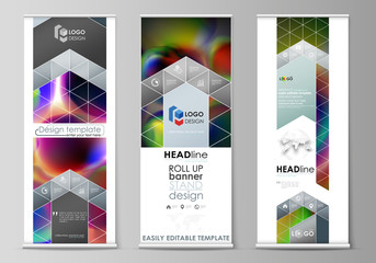 Roll up banner stands, flat templates, geometric style, modern business concept, corporate vertical vector flyers, flag layouts. Colorful design background with abstract shapes, bright cell backdrop.