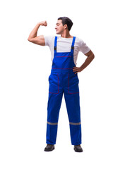 Fototapeta premium Handsome repairman wearing blue coveralls on white