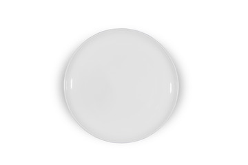 Flat empty white plate shallow on white background directly from above