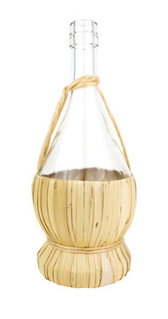 Empty Straw Wrapped Wine Bottle On White Background.