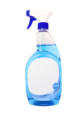 Isolated disinfectant spray bottle filled with blue liquid with a blank label. Vertical.