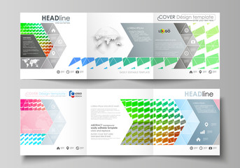 Set of business templates for tri fold square design brochures. Leaflet cover, layout, easy editable vector. Colorful rectangles, moving dynamic shapes forming abstract polygonal style background.