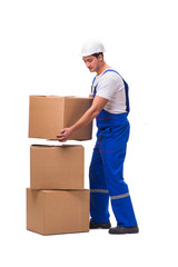 Man delivering box isolated on white