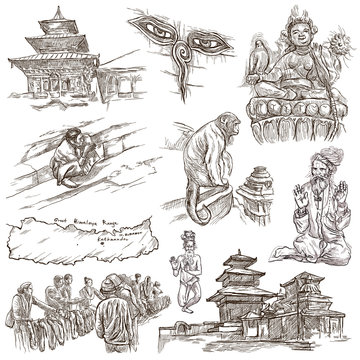 Nepal - Pictures of life. Travel. Full sized hand drawings, originals on white, isolated. Freehand drawings.