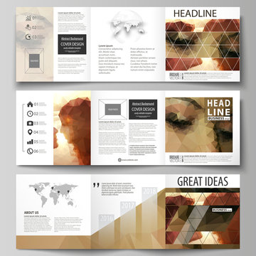 Set of business templates for tri fold square design brochures. Leaflet cover, abstract vector layout. Romantic couple kissing. Beautiful background. Geometrical pattern in triangular style.