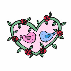 Cute bird lover in heart shape wreath cartoon vector illustration