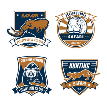 Hunting safari club vector icons, hunter emblems