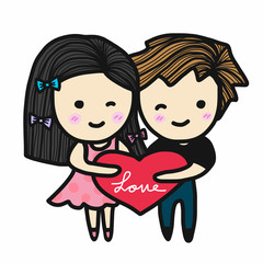 Cute couple in love holding heart cartoon illustration