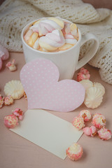 Good morning with hot chocolate on wooden table