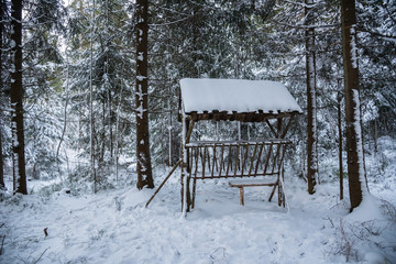 Hay rack in winter forest