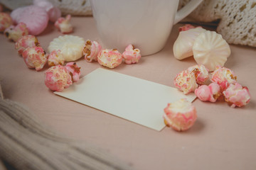 Good morning with hot chocolate on wooden table