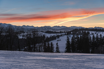 Fototapeta premium Winter landscape of High Tatra Mountains at dusk