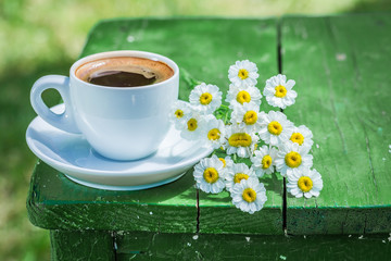 Delicious hot coffee for breakfast in garden